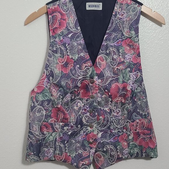 Vintage Formal Vest Floral with Lace Pattern Large Made in USA Mixed Blues - Picture 1 of 7